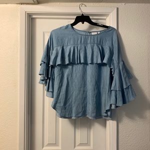 RUFFLED DENIM TOP W/RUFFLED SLEEVES